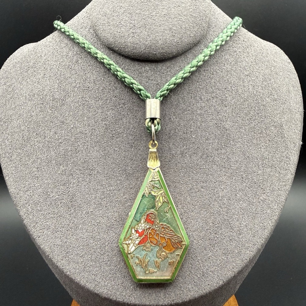 Vintage Cloisonné Enamel Bird Duck Pendant Gold Tone Green Braided Cord Necklace - Picture 2 of 11